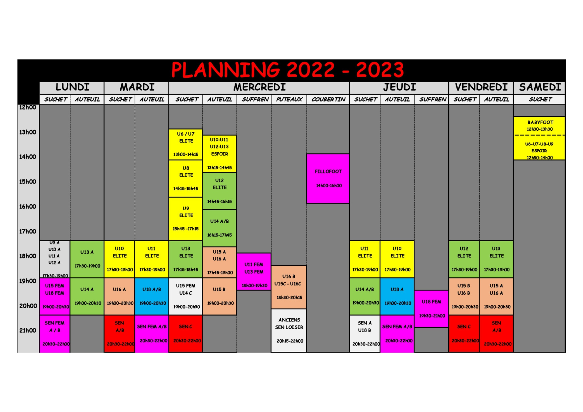 planning heddomadaire entrainements 2022 2023